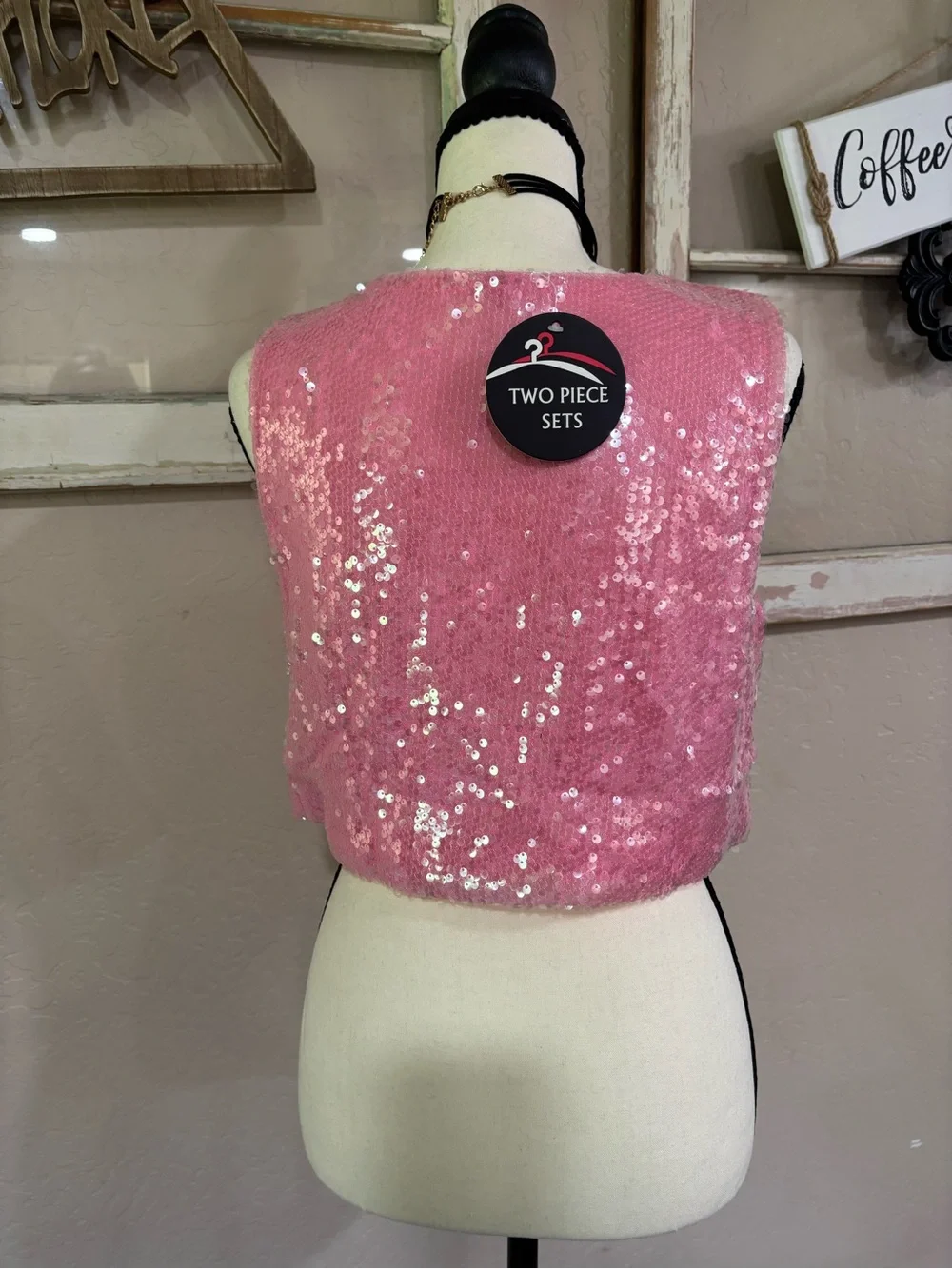 Women's Pink Sequin Shorts crop top Set - Sleeveless Lounge set